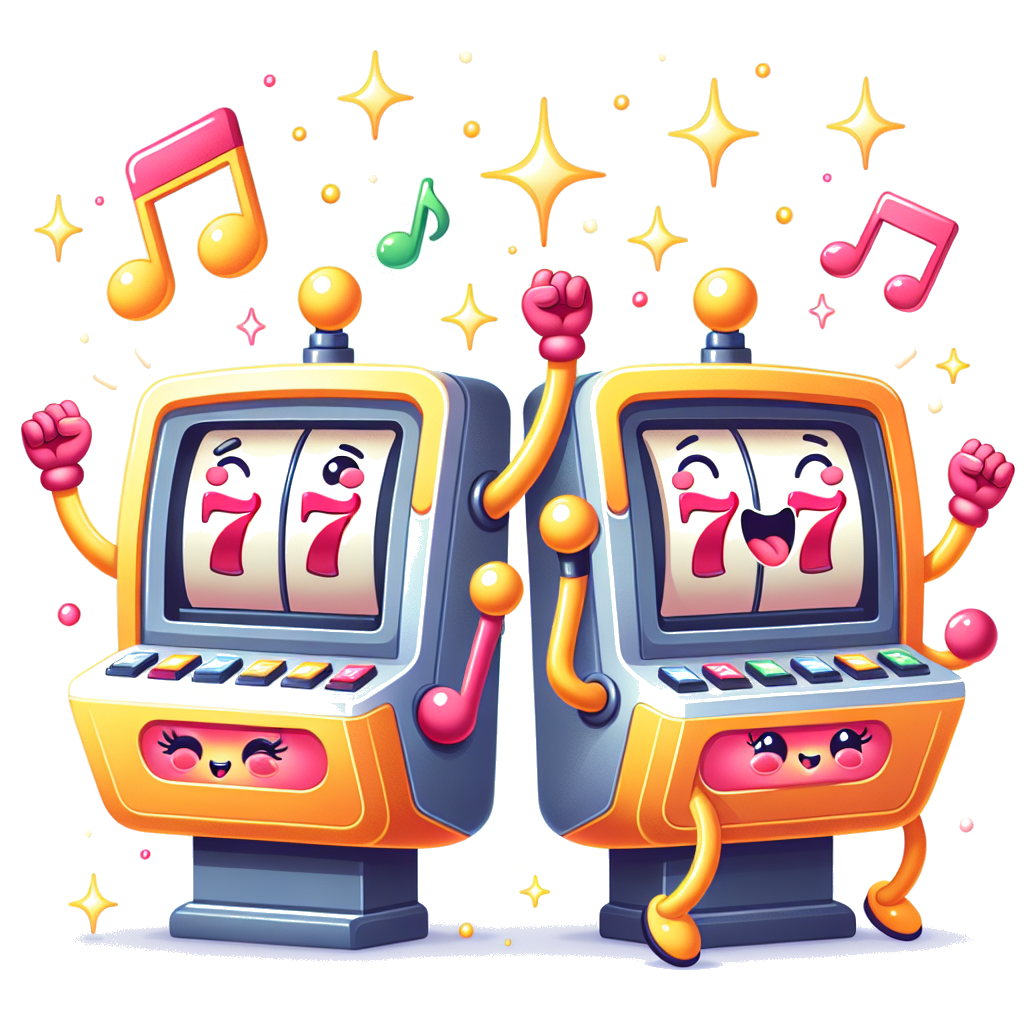 Cheerful, cartoony arcade-style mascot device (plum shell, neon trims) giving a thumbs-up with sparkly notes and a disco ball; PNG with transparent background; no text. --ar 1:1