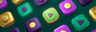 Clean, modern illustration of playful UI tiles orbiting a central start symbol; emerald, gold and plum palette; no text. --ar 4:3