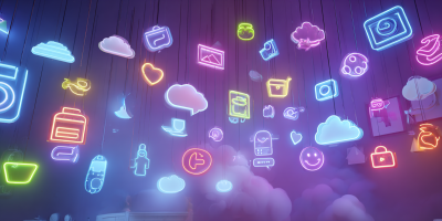 Whimsical room signage floating in space: fantasy, retro, neon; soft glows; playful icons; no text labels; brand palette. --ar 21:9